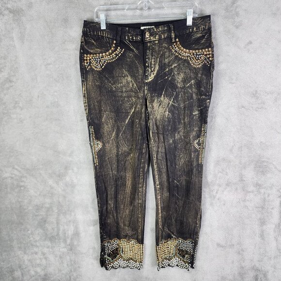 Womens Black Gold Luxe Moda Denim Jeans Rhinestone Embellished Side Zippers 12 - Picture 2 of 13